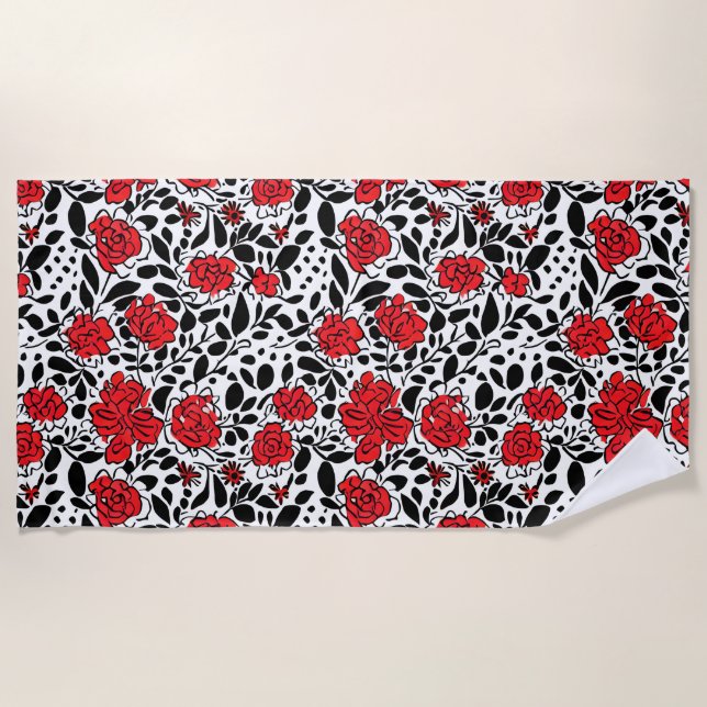 Serviette De Plage Joli motif floral en rouge, noir et blanc (Devant)