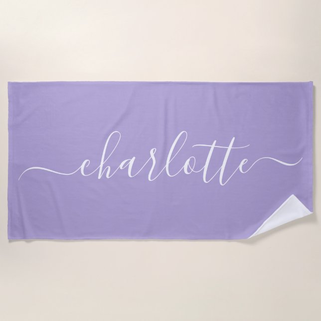 Serviette De Plage Joli nom de script tendance personnalisé Lavande (Devant)