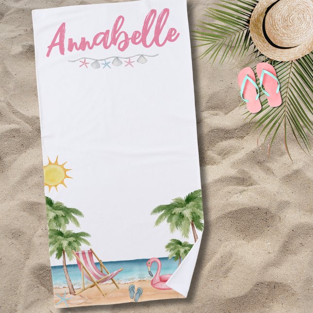 Serviette De Plage Joli nom d'été Aquarelle Palmier Tropical (Cute Name Watercolor Palm Tree Beach Towel)