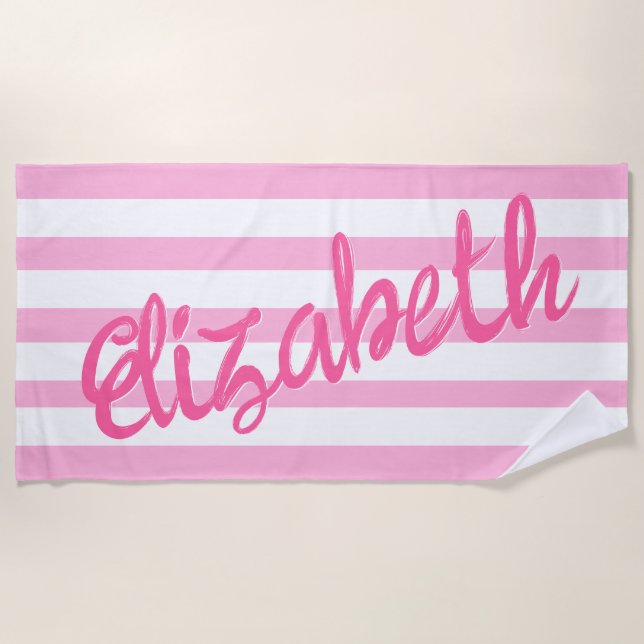 Serviette De Plage Joli nom personnalisé écriture rayée rose  (Devant)