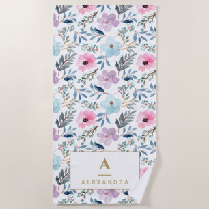 Serviette De Plage Joli Pastel Blue Aquarelle Fleurs Monogramme 
