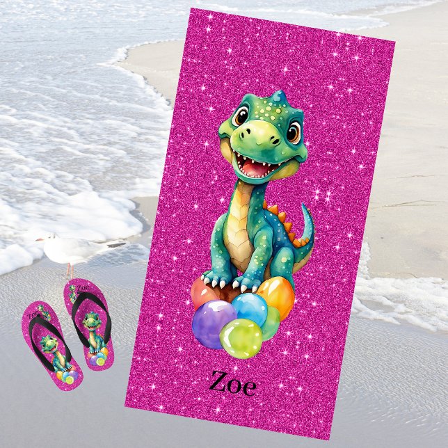 Serviette De Plage Joli petit dinosaure avec beaucoup de ballons colo (Créateur téléchargé)
