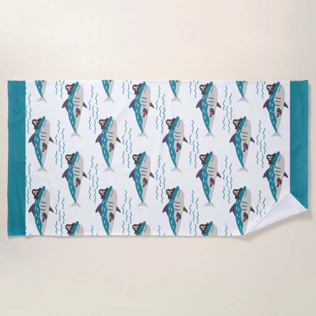 Serviette De Plage Joli requin Turquoise Pirate Waves Seamless Motif  (Devant)