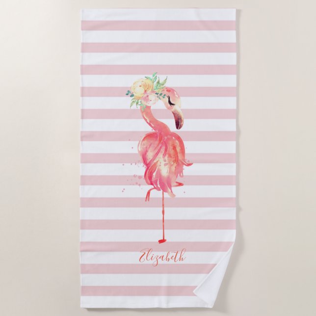 Serviette De Plage Joli rose flamant girly fleurs rayures   (Devant)