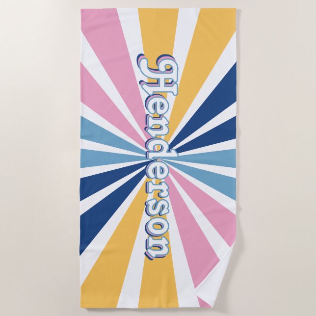 Serviette De Plage Joli Soleil Éclaté Style Rétro Rose Bleu Jaune Bla (Devant)