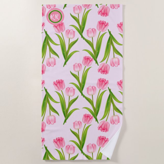 Serviette De Plage Joli Tulipe rose Fleurs Florales Feuille Monogramm (Devant)