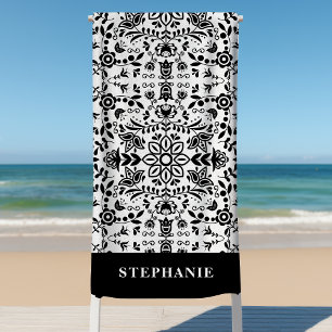 Serviette De Plage Jolie bandana scandinave florale noir et blanc