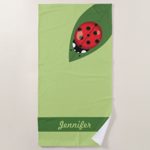 Serviette De Plage Jolie coccinelle de dessin animé sur une feuille e