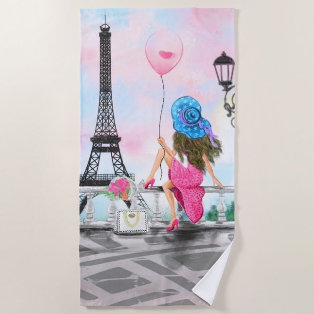 Serviette De Plage Jolie dame au ballon de coeur rose - I Love Paris (Devant)