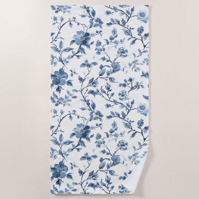 Serviette De Plage Jolie Fleurie Bleue Blanche   (Devant)
