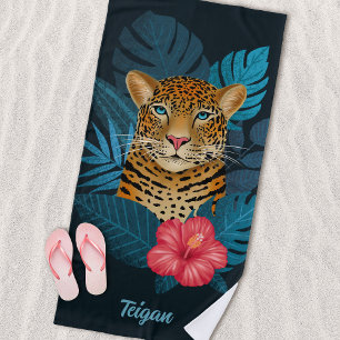 Serviette De Plage Jolie jungle léopard Art Floral Bleu Nom
