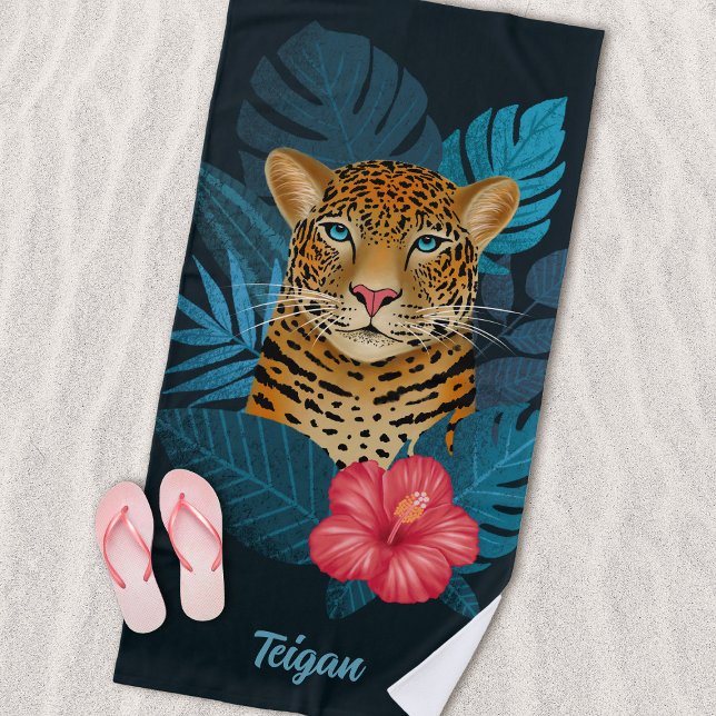 Serviette De Plage Jolie jungle léopard Art Floral | Bleu | Nom (Créateur téléchargé)