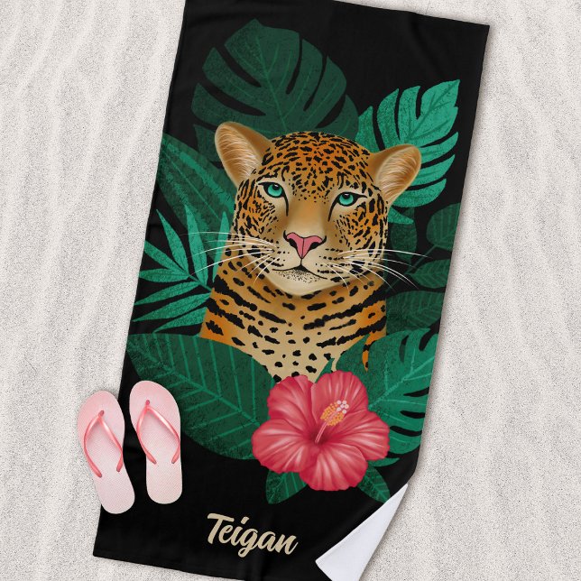 Serviette De Plage Jolie jungle léopard Art Floral | Noir | Nom (Créateur téléchargé)