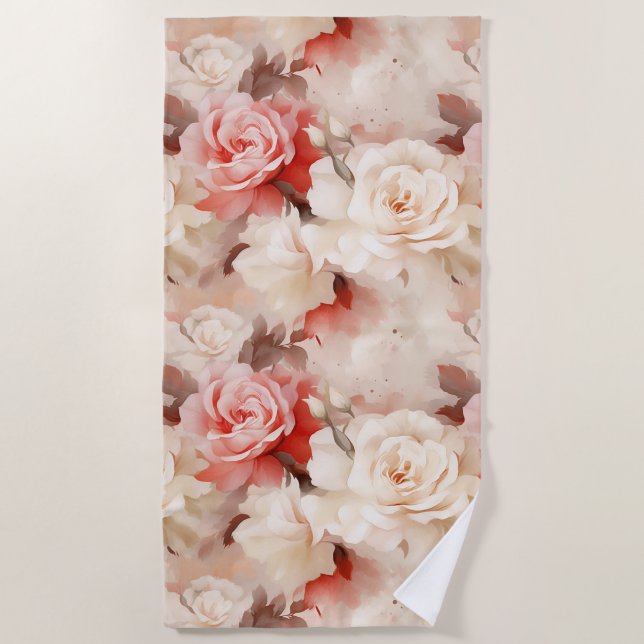Serviette De Plage Jolie rose florale rose crème blush (Devant)