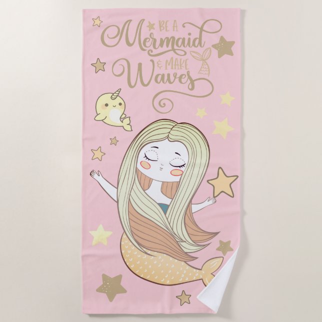 Serviette De Plage Jolie sirène 'n Narval Personnalisable (Devant)