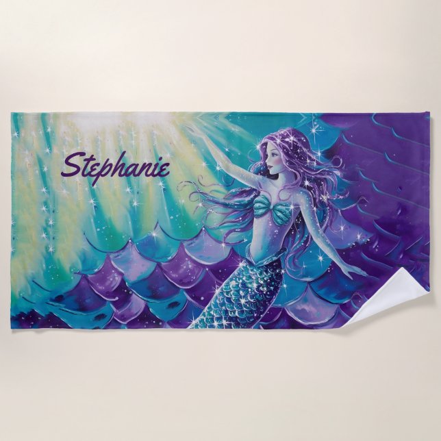 Serviette De Plage Jolie sirène violette personnalisée (Devant)