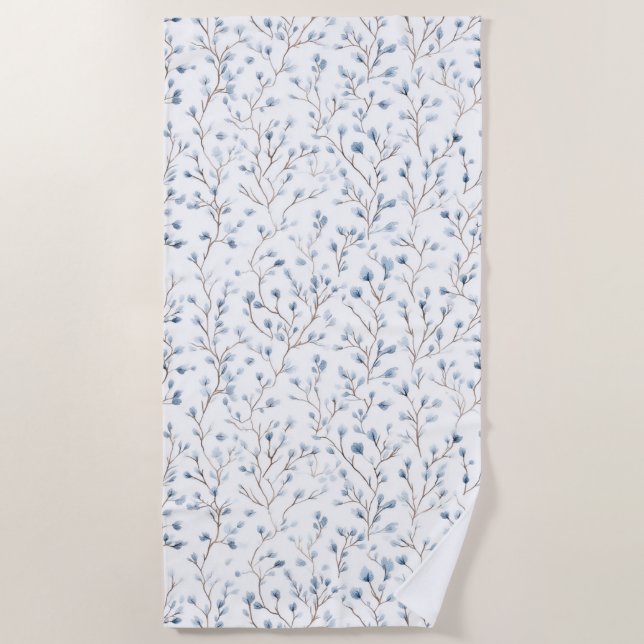 Serviette De Plage Jolies Fleurs Blanches Bleues   (Devant)