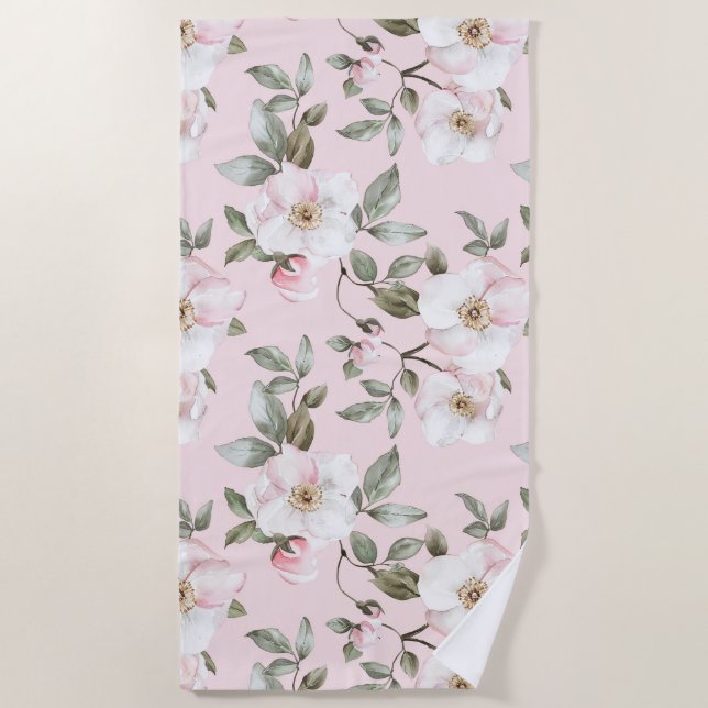 Serviette De Plage Jolies Fleurs Blanches Roses   (Devant)