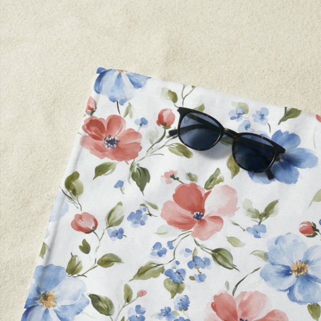 Serviette De Plage Jolies Fleurs Bleues Rouges (En situation)