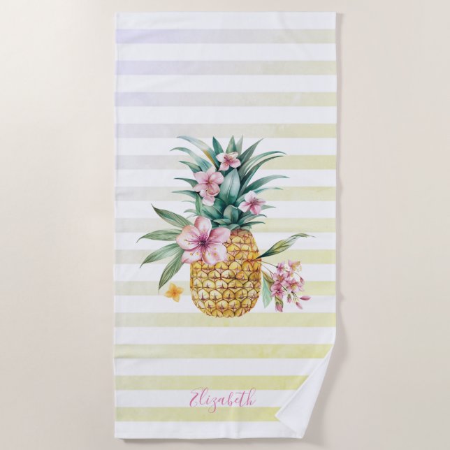 Serviette De Plage Jolies Fleurs de Ananas Ombré Rayures (Devant)