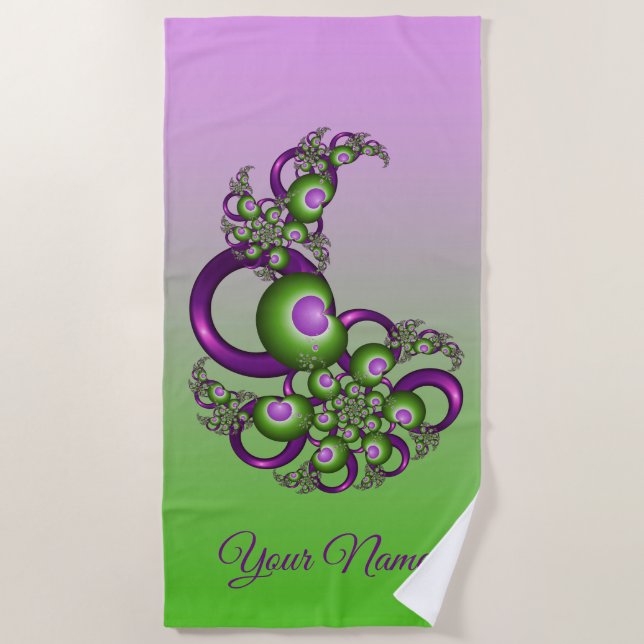 Serviette De Plage Jolis cœurs verts roses modernes Fractale Nom (Devant)