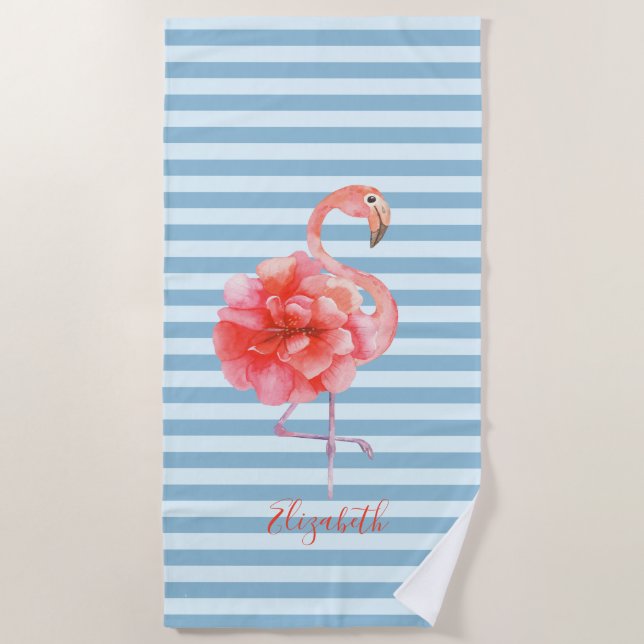 Serviette De Plage Jolis Flamants Roses Floraux Rayés (Devant)