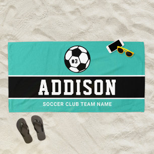 Serviette De Plage Joueur de football sarcelle noir Nom personnalisé