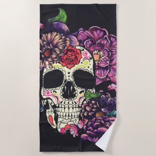 Serviette De Plage Jour du crâne mort avec des fleurs