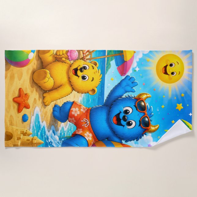Serviette De Plage Journée d'aventure à la plage des amis monstres en (Devant)