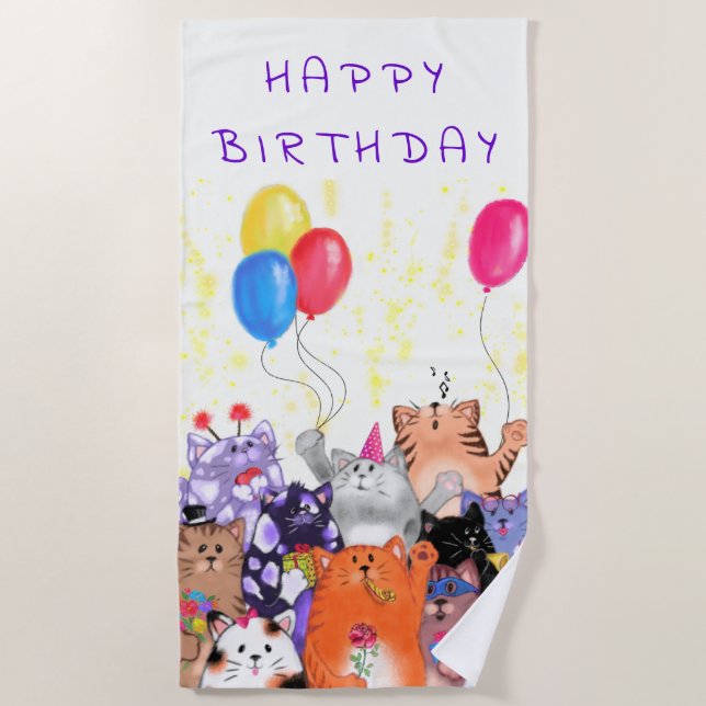 Serviette De Plage Joyeux Anniversaire Chats Party Beach Towel - Votr (Devant)