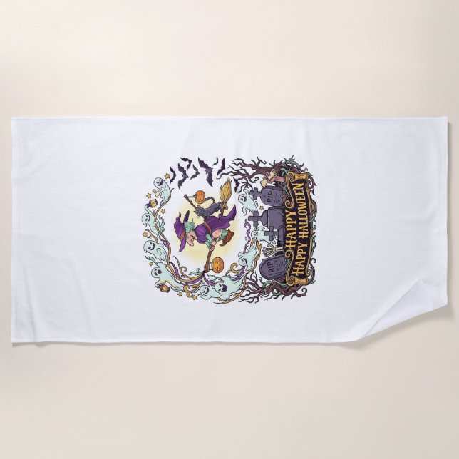 Serviette De Plage Joyeux Halloween Balai de Sorcière Chat Noir Fantô (Devant)