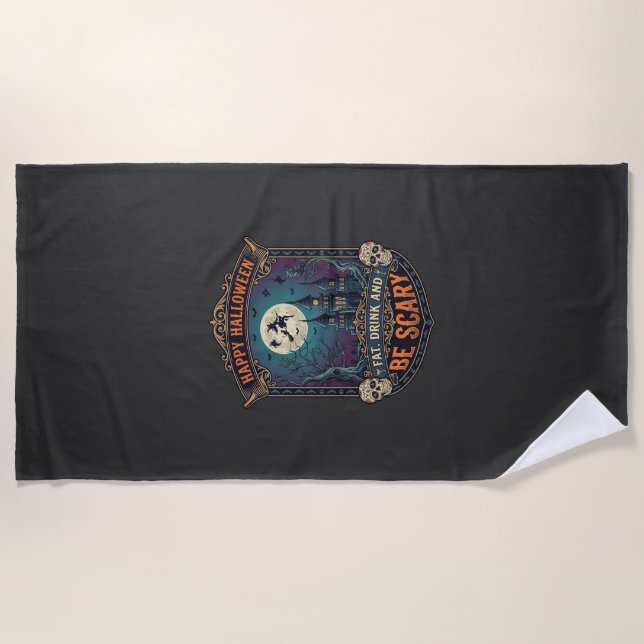 Serviette De Plage Joyeux Halloween Sorcière Château Crânes Gras Boir (Devant)