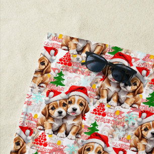 Serviette De Plage Joyeux Noël Chapeau de Père Noël Chien Design - Bl