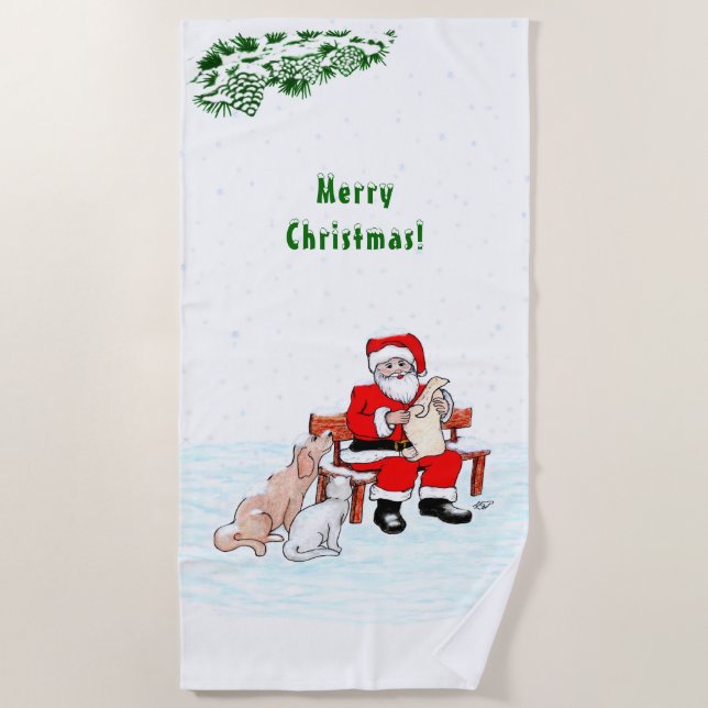 Serviette De Plage Joyeux Noël! Père Noël avec chat et chien (Devant)
