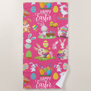 Serviette De Plage Joyeux Pâques, Amusants Souhaits De Lapin Et Color