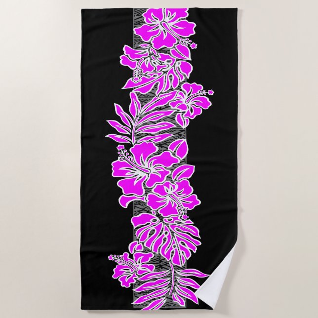 Serviette De Plage Kalaheo Hibiscus hawaïen Tapa floral - Fuchsia (Devant)