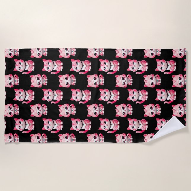Serviette De Plage Kawaii Rose Kitty Cats Design (Devant)