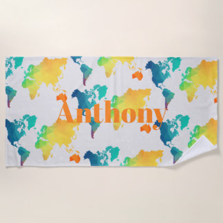 Serviette De Plage Kids Colorful World Map Custom Name Monogram
