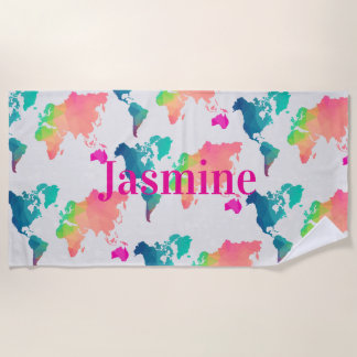 Serviette De Plage Kids Colorful World Map Personalized Name Monogram