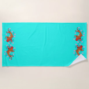 Serviette De Plage Koi poisson oriental orange turquoise floral éléga