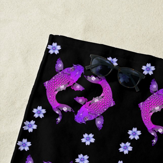 Serviette De Plage Koi poisson oriental yin yang noir violet fleuri (En situation)