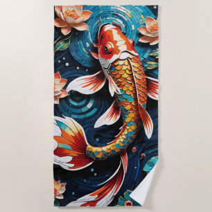 Serviette De Plage Koi vibrant et de belles fleurs scène aquatique