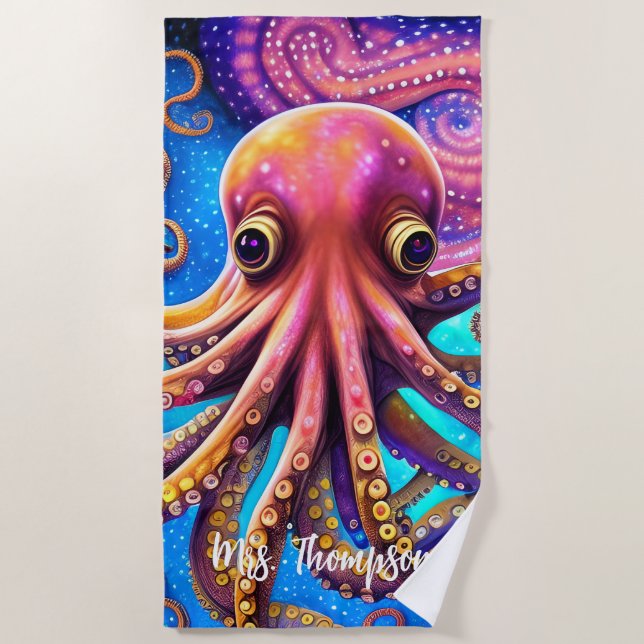 Serviette De Plage Kraken Octopus avec nom personnalisé (Devant)