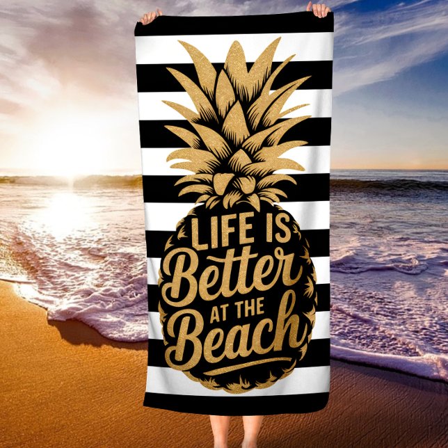 Serviette De Plage La vie est meilleure à la plage Pineapple Stripes (Créateur téléchargé)