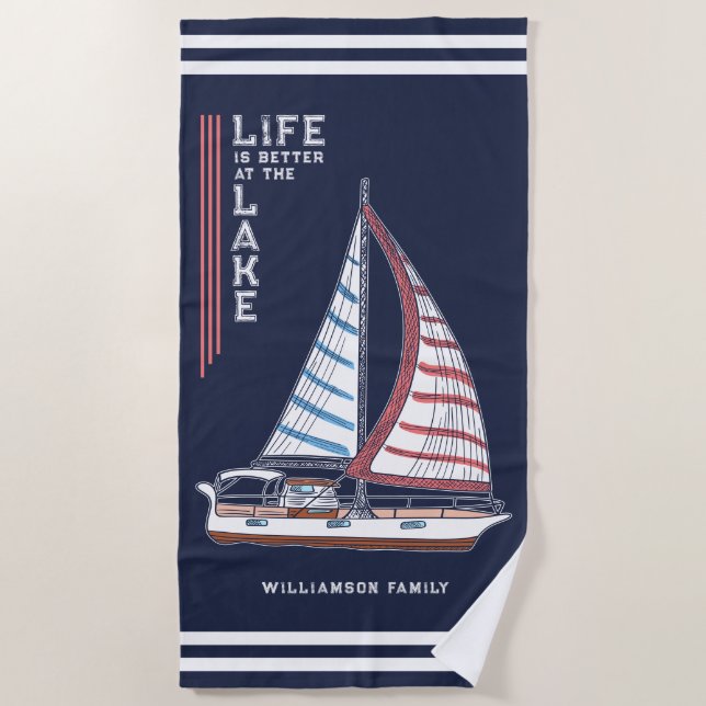 Serviette De Plage La vie est meilleure au lac Famille Bleu Marine (Devant)