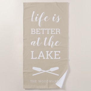 Serviette De Plage La vie est meilleure au lac Typographie Sable beig