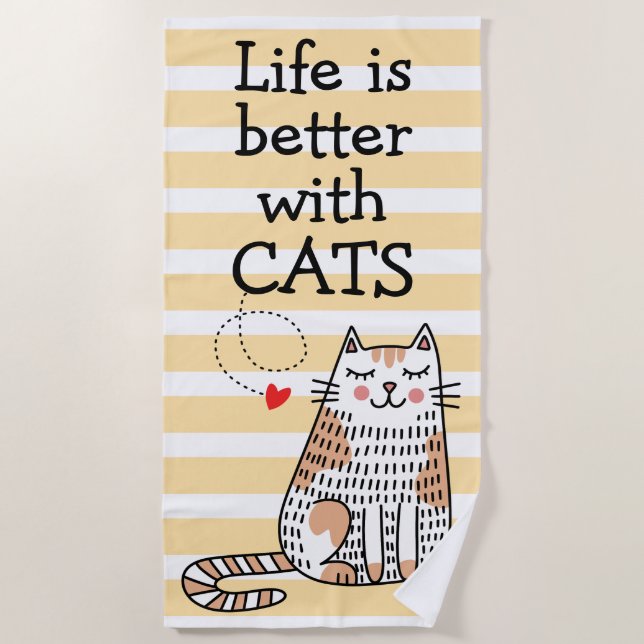 Serviette De Plage La vie est meilleure avec des chats Doodle (Devant)