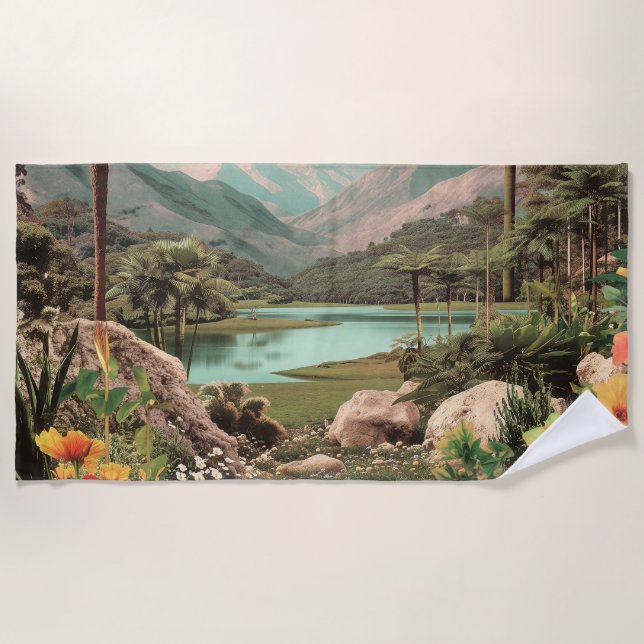 Serviette De Plage Lac Tropical Surreal Avec Palmiers (Devant)