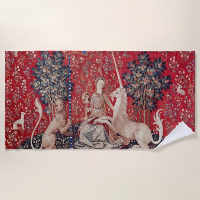 Serviette De Plage Lady et Unicorne Vue de la Tapisserie Médiévale (Devant)