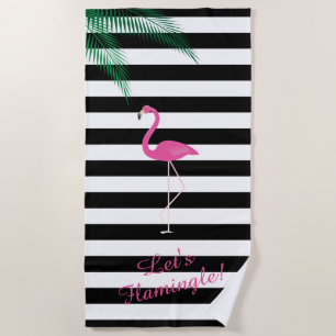 Serviette De Plage Laissez-nous Flamant rose rayé noir et blanc de